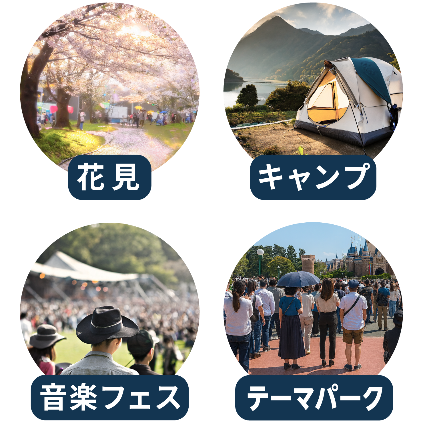 花見、キャンプ、音楽フェス、テーマパーク